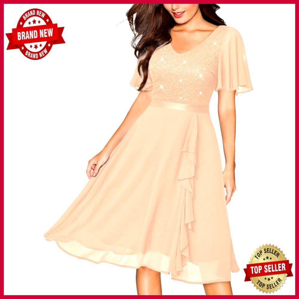 Sequin Lace V Neck Chiffon Cocktail Dress Elegant Party Wear Ruffle Trim